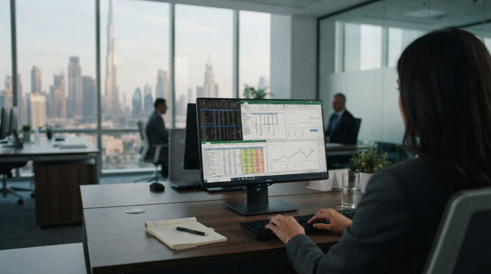Illustration: A modern corporate office desk in the United Arab Emirates with a computer monitor displaying digital accounting sheets and tax calculat