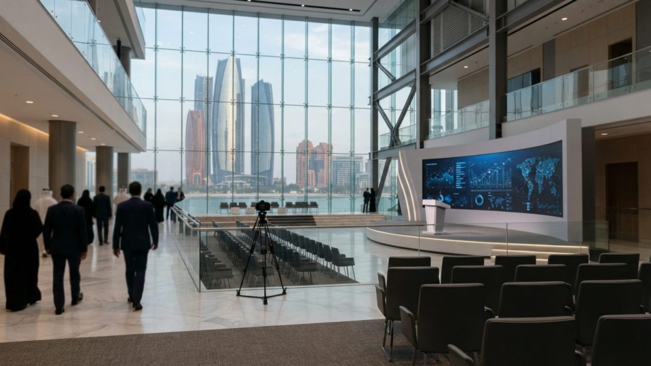 Illustration: Modern financial conference center interior in Abu Dhabi with futuristic digital display screens showing financial charts and world maps
