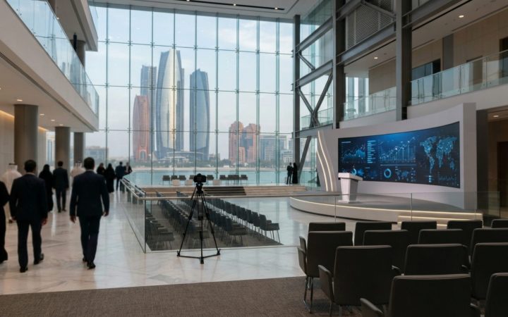 Illustration: Modern financial conference center interior in Abu Dhabi with futuristic digital display screens showing financial charts and world maps