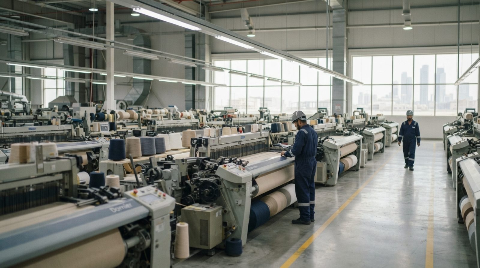 Illustration: A modern industrial textile manufacturing warehouse with rows of automated weaving machines, spools of yarn, and clean factory floor und