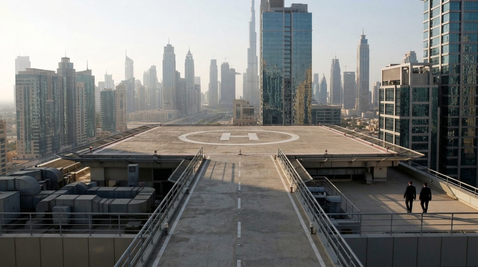 Illustration: A modern rooftop helicopter landing pad on top of a commercial skyscraper in an urban UAE skyline during morning daylight, showing the m