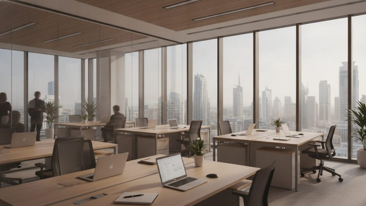 Illustration: A modern startup hub and business incubator office in Dubai with glass partitions, sleek minimalist wooden desks, laptops, and a view of
