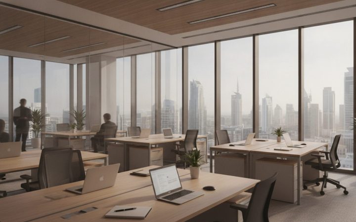 Illustration: A modern startup hub and business incubator office in Dubai with glass partitions, sleek minimalist wooden desks, laptops, and a view of