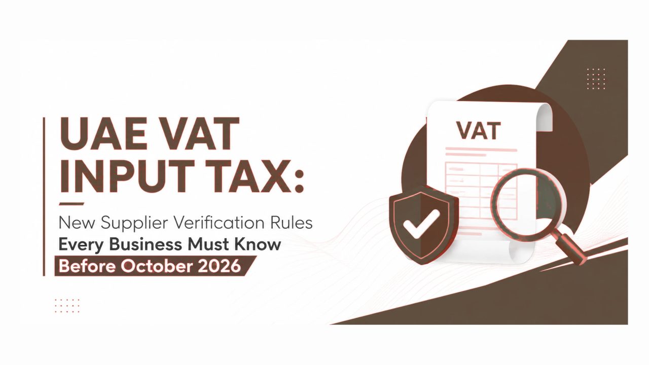 Graphic banner about UAE VAT input tax and supplier verification rules with a document and magnifying glass