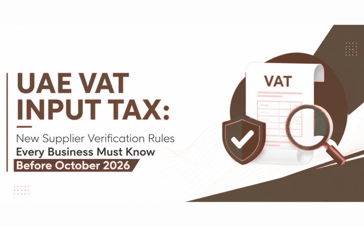 Graphic banner about UAE VAT input tax and supplier verification rules with a document and magnifying glass