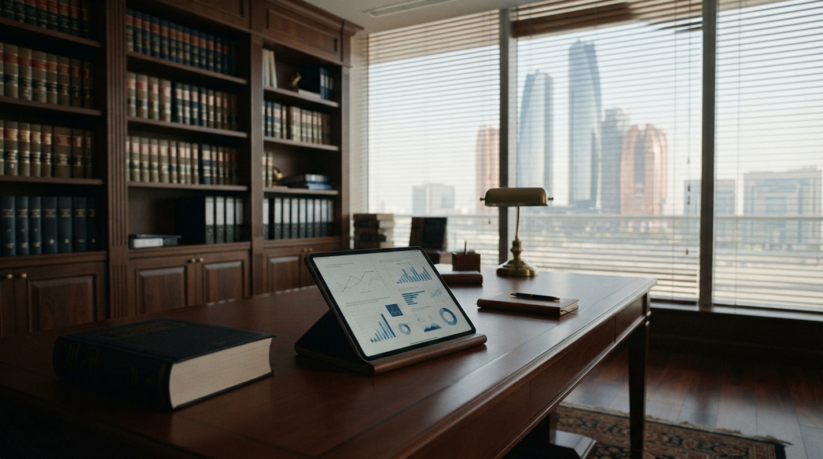 Illustration: A modern legal office interior in Abu Dhabi with leather-bound law books on wooden shelves and an open digital tablet showing legal anal