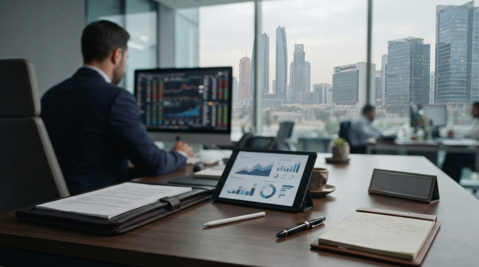 Illustration: A modern corporate office desk in Abu Dhabi overlooking high-rise glass architecture, featuring a digital tablet displaying abstract fin