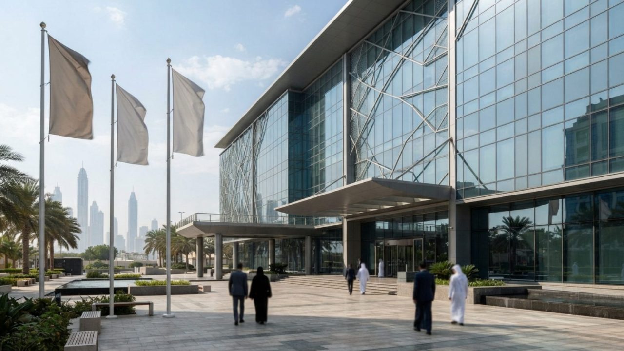 Illustration: A modern government finance office building exterior in Dubai under clear daylight, featuring contemporary glass and steel architecture
