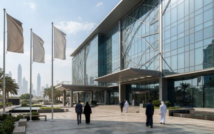 Illustration: A modern government finance office building exterior in Dubai under clear daylight, featuring contemporary glass and steel architecture