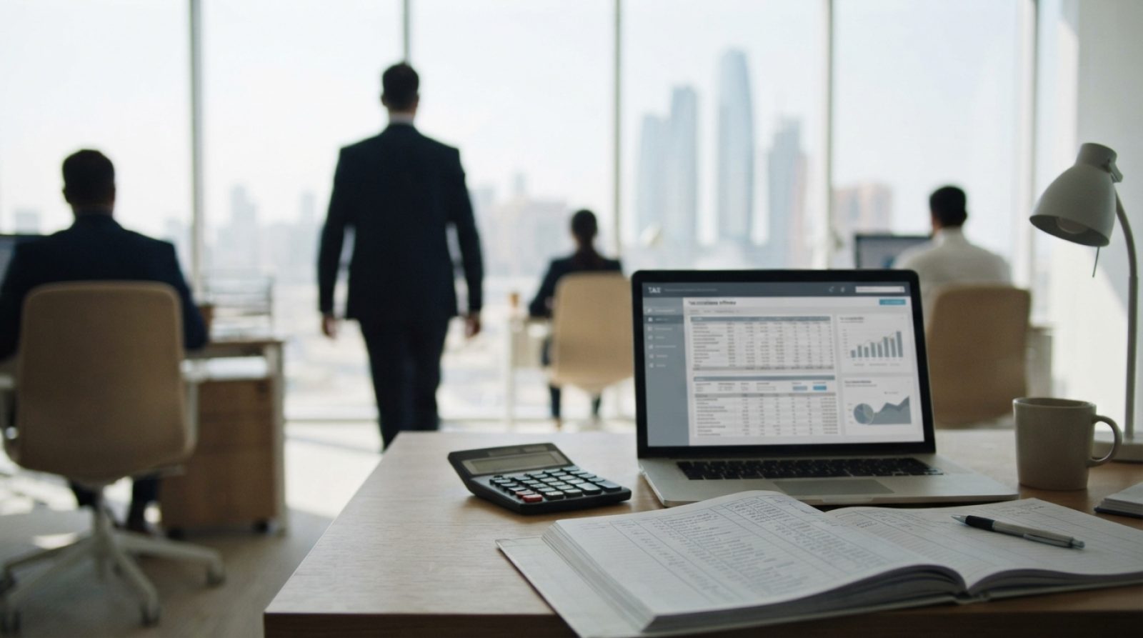 Illustration: A modern corporate office desk in the United Arab Emirates featuring a laptop showing digital tax compliance software and financial data