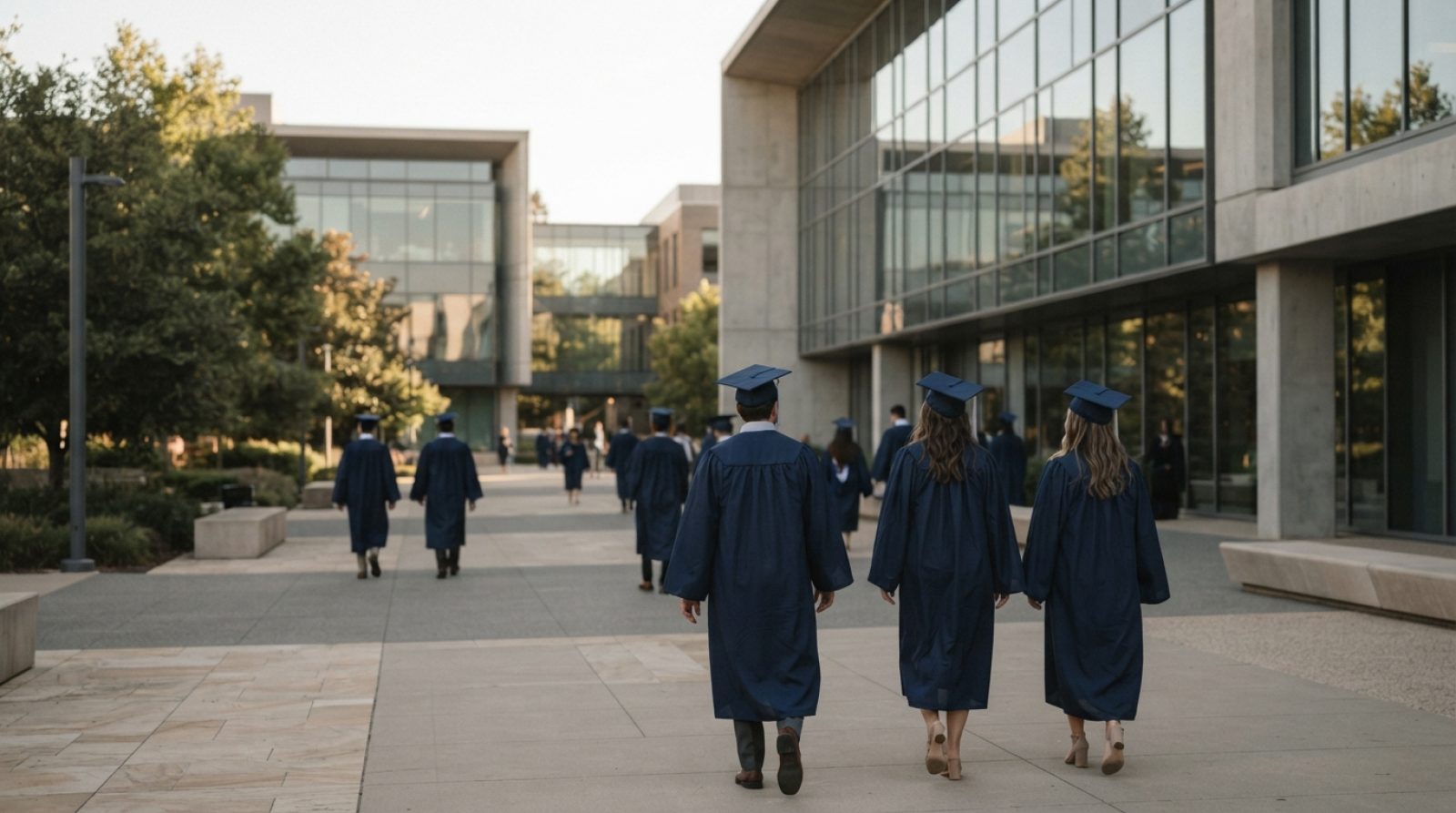 Illustration: A modern university campus courtyard with university graduates wearing graduation gowns walking beside contemporary glass-facade academi