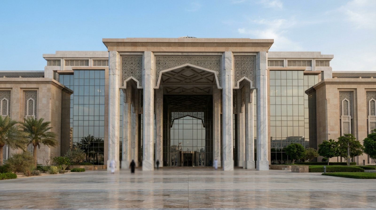 Illustration: A modern marble and glass judicial building facade in Abu Dhabi under bright daylight, featuring stately columns and contemporary Middle