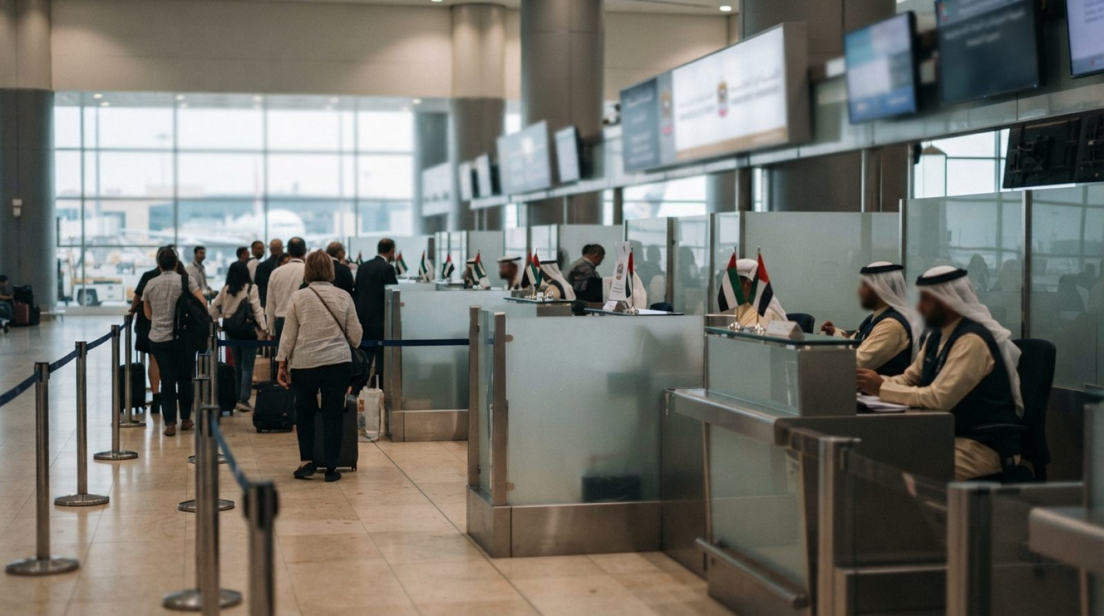 Illustration: A modern immigration hall and passport checkpoint inside an international airport in the United Arab Emirates, showing sleek glass parti