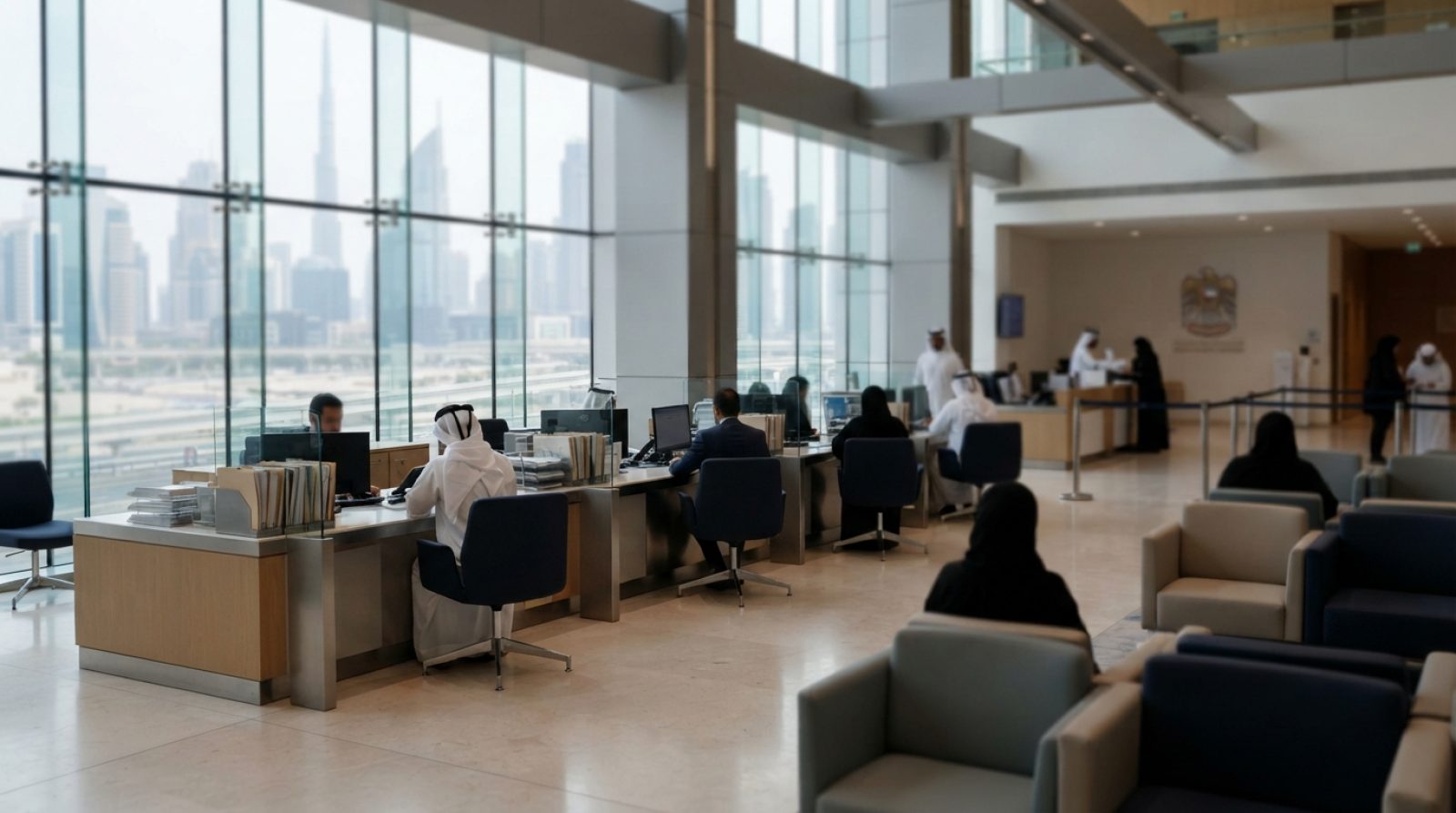 Illustration: A modern government service centre interior in Dubai with service counters, administrative documents, and comfortable seating, captured