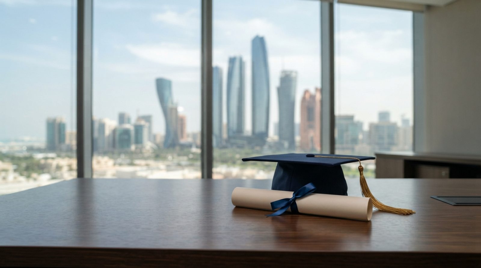 رسم توضيحي: قبعة تخرج جامعية حديثة وشهادة جامعية ملفوفة موضوعتان بعناية على مكتب خشبي مصقول أمام خلفية مشرقة وحديثة