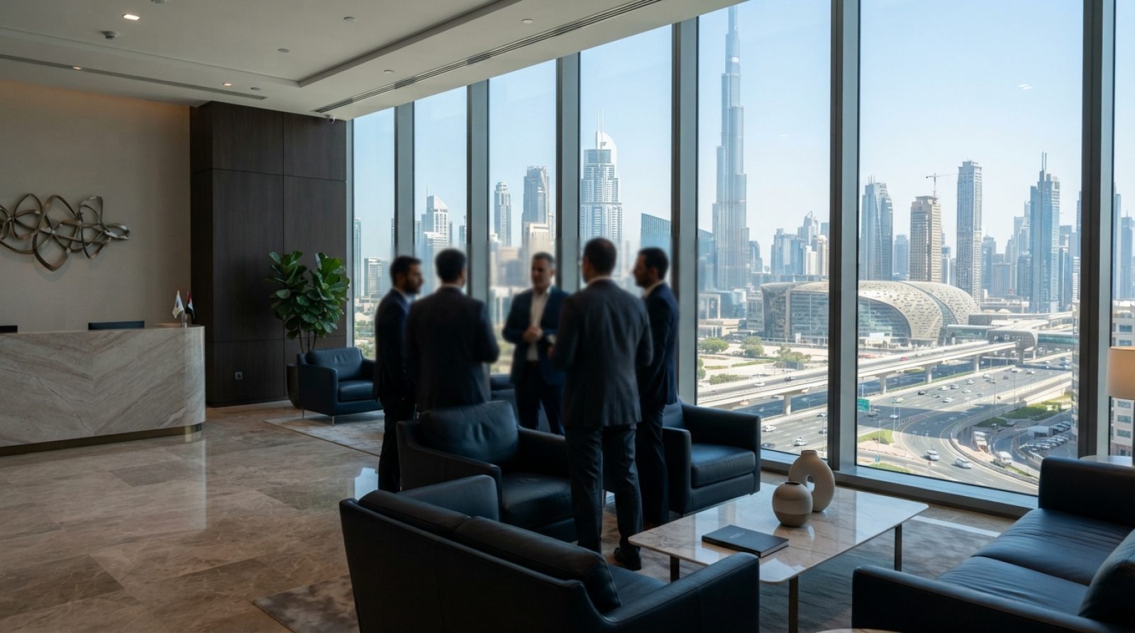 Illustration: An executive private wealth management reception lounge in a modern skyscraper in Dubai, featuring floor-to-ceiling glass windows overlo
