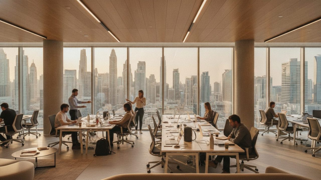 Illustration: A modern tech incubator and venture office interior in Dubai with floor-to-ceiling windows overlooking a business skyline, laptops open