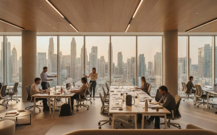 Illustration: A modern tech incubator and venture office interior in Dubai with floor-to-ceiling windows overlooking a business skyline, laptops open