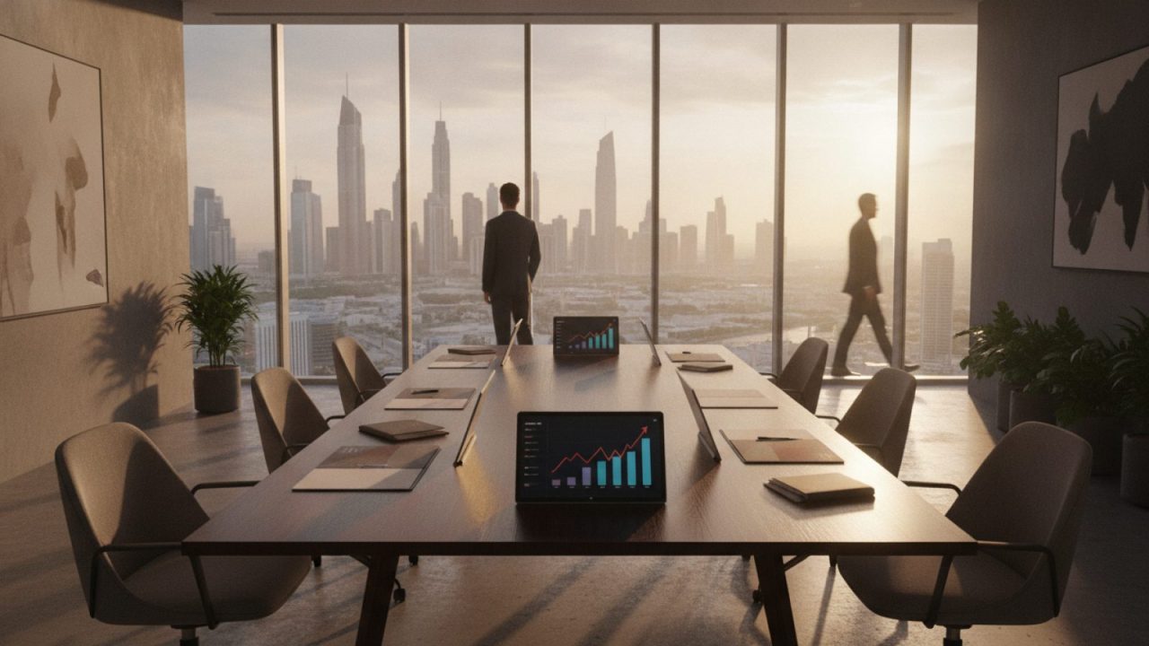 Illustration: A modern venture capital office in Dubai overlooking the city skyline through large glass windows, featuring an empty boardroom table wi