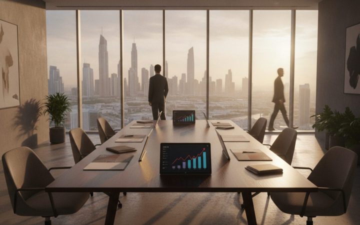 Illustration: A modern venture capital office in Dubai overlooking the city skyline through large glass windows, featuring an empty boardroom table wi