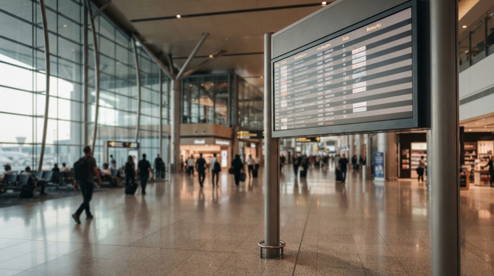 Illustration: Editorial news photograph showing an airport departures board inside a modern terminal in the United Arab Emirates displaying flight sta