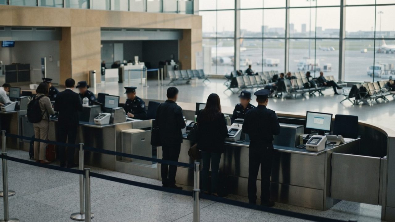 Illustration: An international airport immigration and visa processing counter with biometric passport scanners and a waiting area in the background,