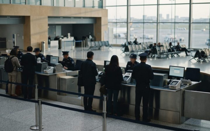 Illustration: An international airport immigration and visa processing counter with biometric passport scanners and a waiting area in the background,