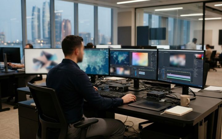 Illustration: A modern digital media workstation displaying blurred abstract synthetic imagery and graphic design software on multiple computer monito
