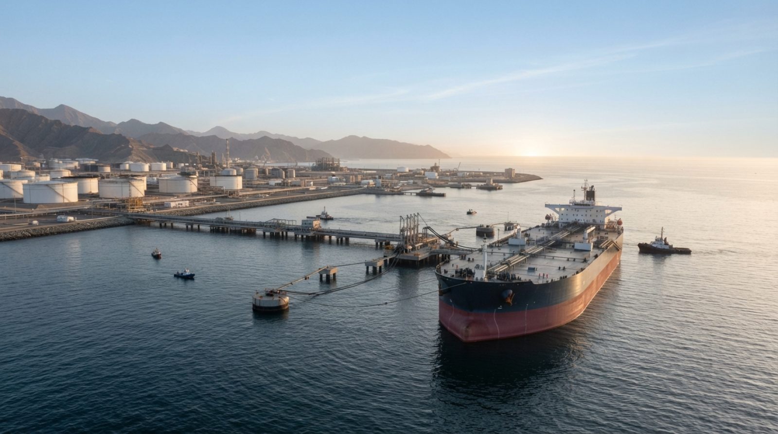 Illustration: An oil tanker vessel berthed at an offshore single point mooring terminal in calm coastal waters off the coast of Fujairah at dawn, with