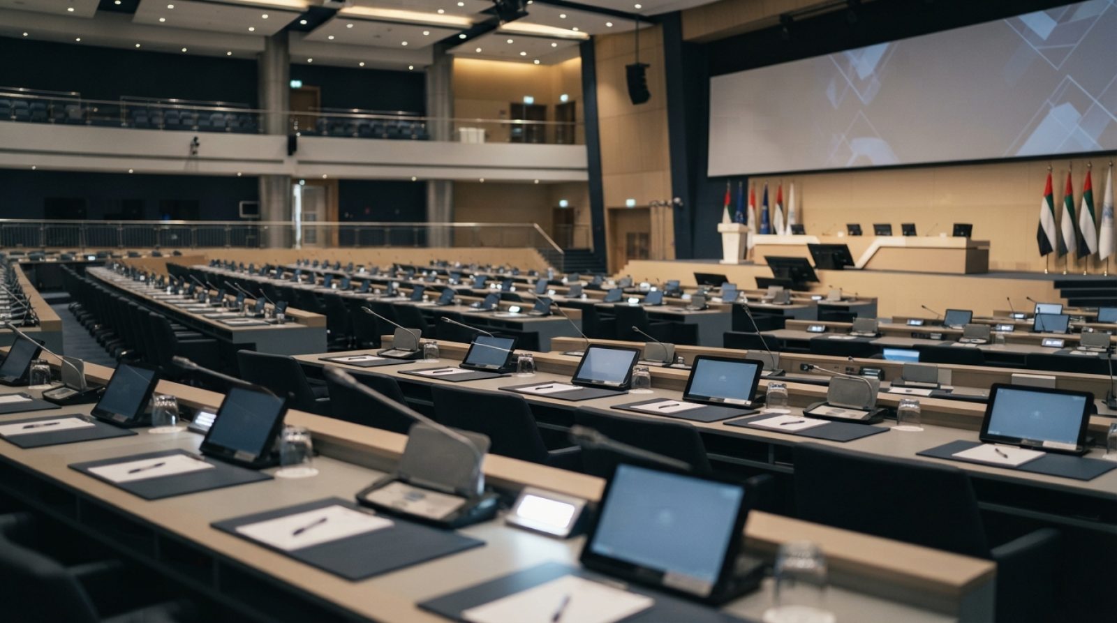 Illustration: A modern plenary conference hall inside an exhibition centre in Abu Dhabi, showing neat rows of delegate desks equipped with microphones