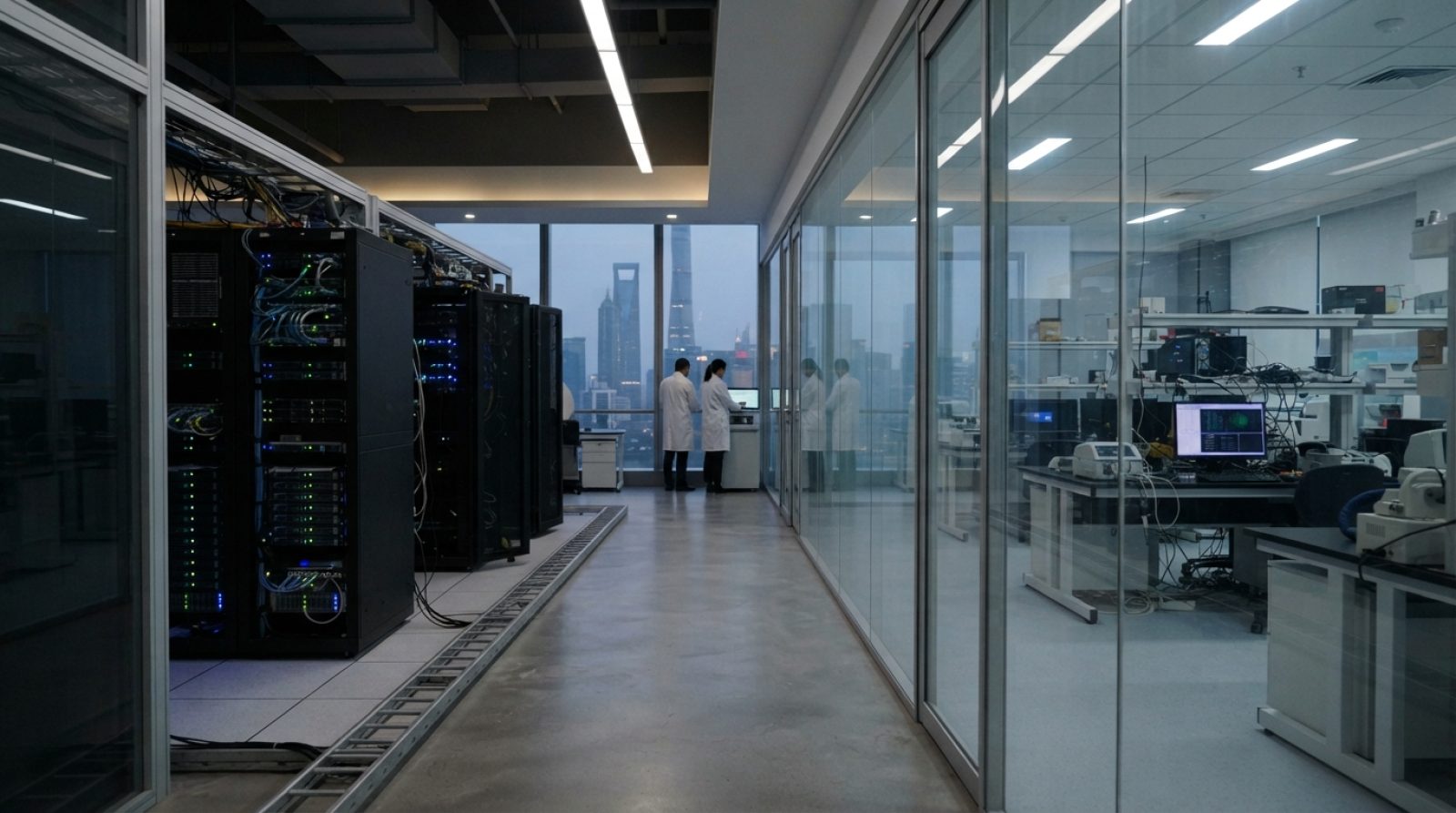 Illustration: A modern technological research facility interior with server racks and glass-walled digital laboratories in Shanghai, viewed under soft