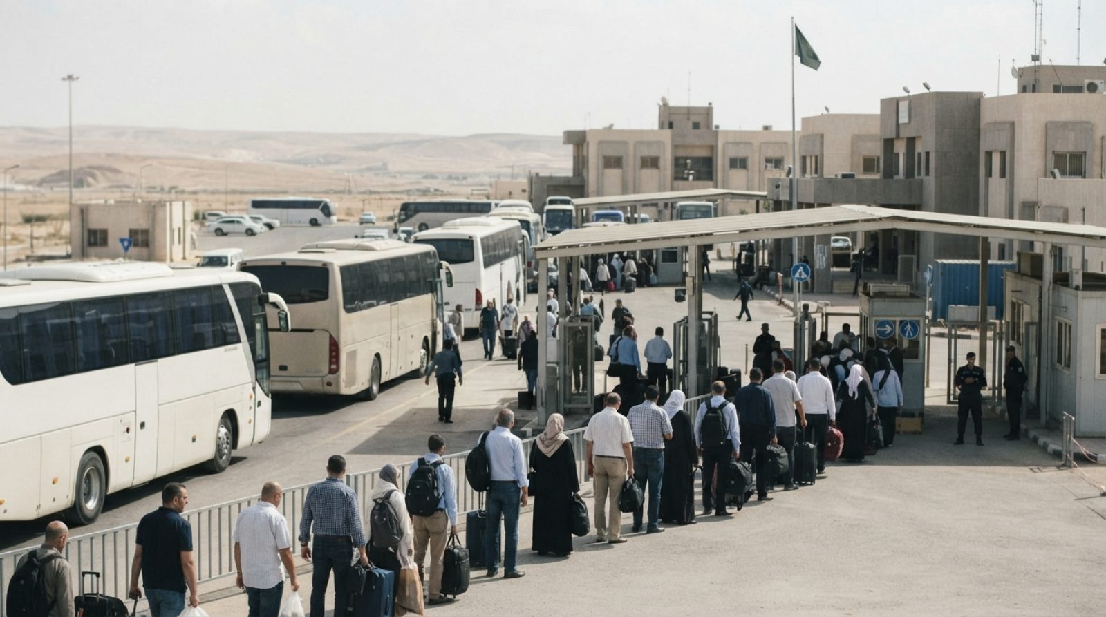 Illustration: A busy overland border checkpoint in the Middle East with long-distance passenger buses and travelers with luggage lined up near immigra
