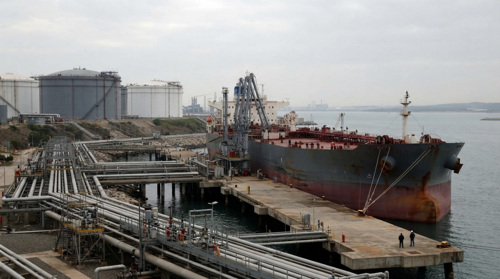 Illustration: A large commercial crude oil tanker berthed at a deep-water industrial energy terminal, flanked by massive coastal storage tanks, marine