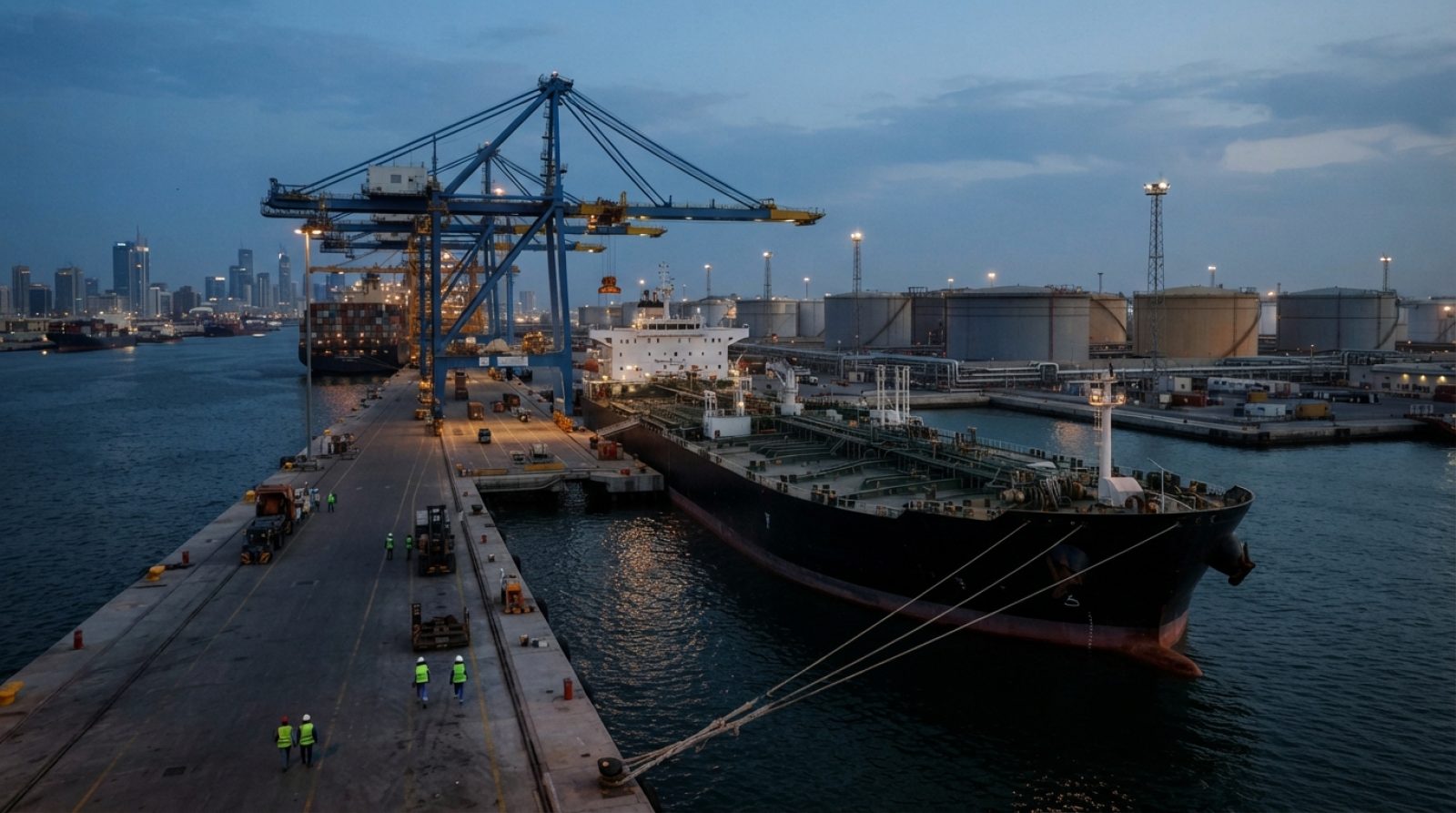Illustration: A realistic editorial photograph of crude oil tankers docked beside a deepwater container terminal with massive gantry cranes and indust