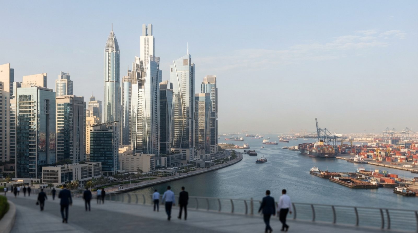 Illustration: A modern commercial banking district in Dubai with contemporary glass-and-steel office buildings reflecting morning sunlight, cargo vess
