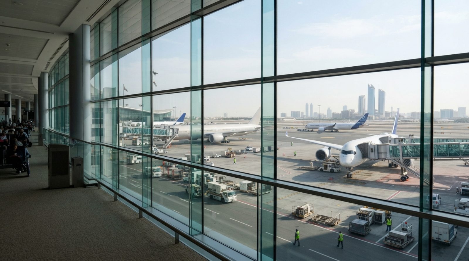 Illustration: Commercial airliners parked at boarding gates at an international airport terminal in the Gulf region under a bright daytime sky, viewed