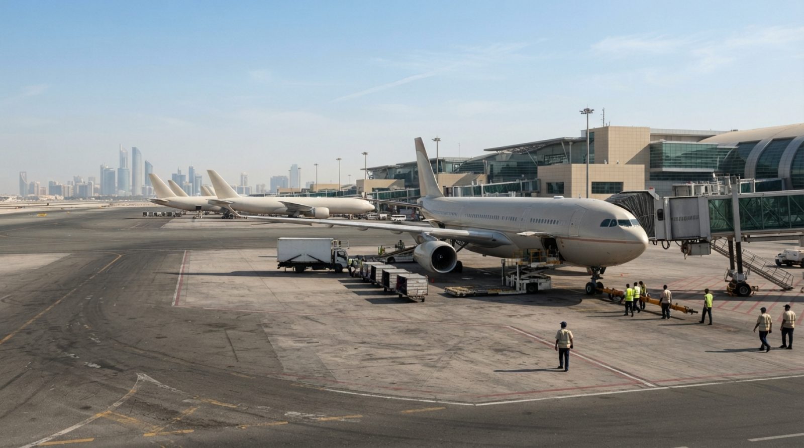 Illustration: Editorial photograph of commercial passenger jetliners parked on a Middle Eastern airport apron under clear daylight, with airport suppo
