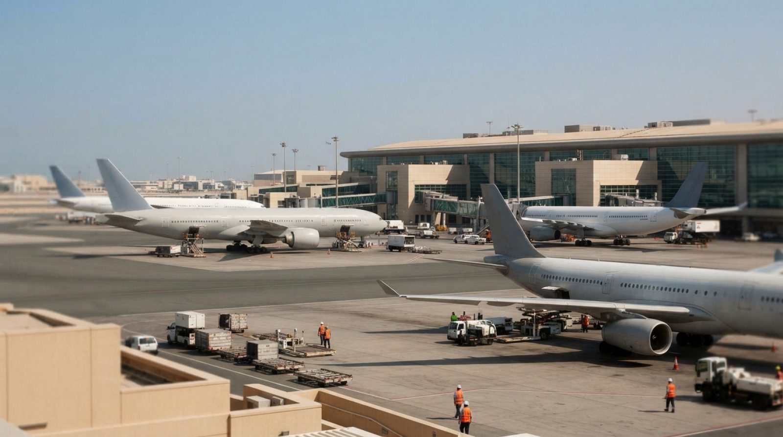 Illustration: A wide editorial shot of passenger airplanes parked at airport tarmac stands under a clear daylight sky in the Middle East, with termina