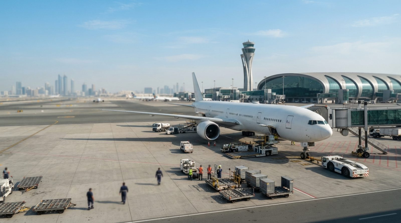 Illustration: A commercial airliner standing on an airport apron under clear daylight at a modern Middle Eastern international airport hub, ground sup