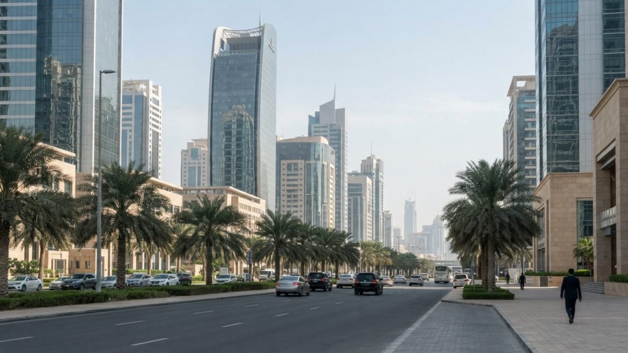 Illustration: A modern commercial banking district in the United Arab Emirates with gleaming corporate towers, manicured palm trees along wide city av