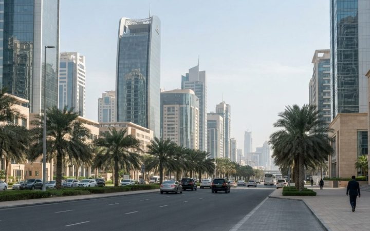 Illustration: A modern commercial banking district in the United Arab Emirates with gleaming corporate towers, manicured palm trees along wide city av