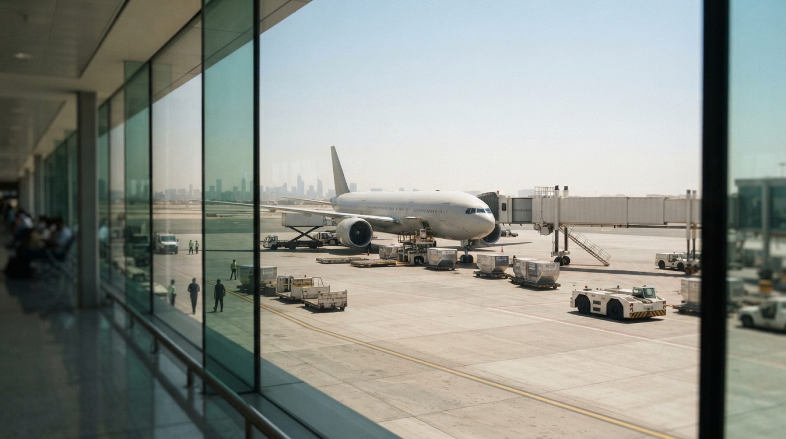 Illustration: A commercial wide-body jet parked on an airport apron under bright desert daylight, viewed from behind large airport terminal glass wind