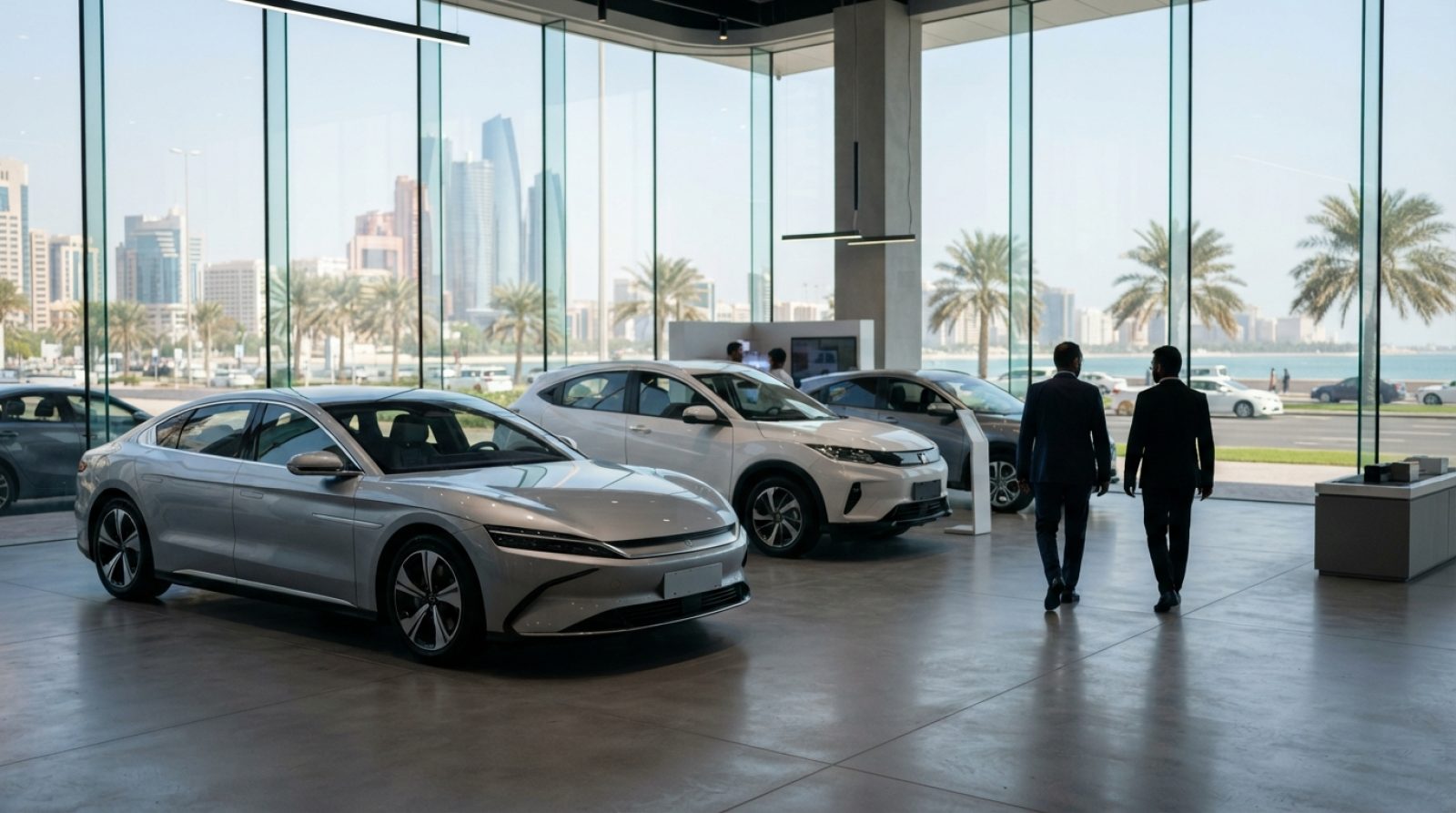 Illustration: Modern electric cars displayed in a bright automotive showroom in the Middle East, with large glass windows showing palm trees and a sun
