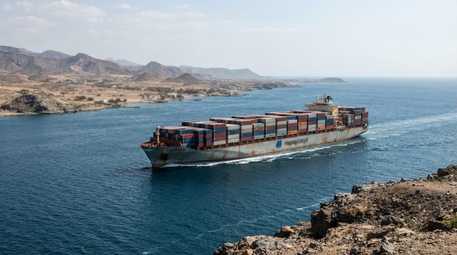Illustration: A large commercial container ship traversing the narrow blue waters of the Bab al-Mandab Strait near an arid coastline under bright dayl