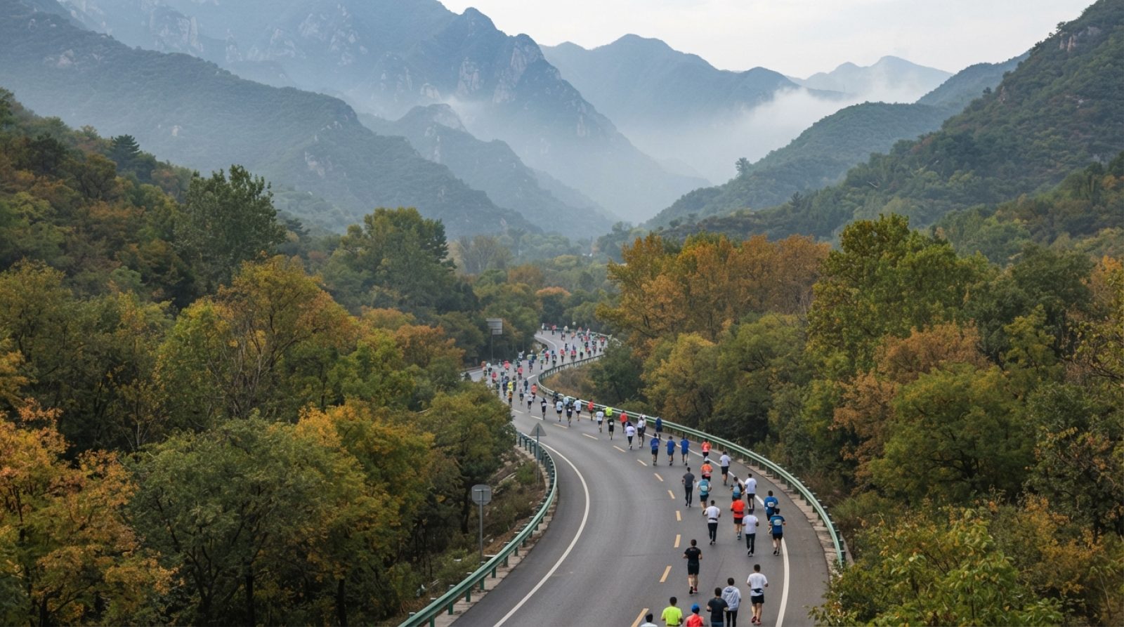 配图：初秋时节，北京怀柔山区一条蜿蜒穿过绿树成荫道路的马拉松赛道风景广角全景