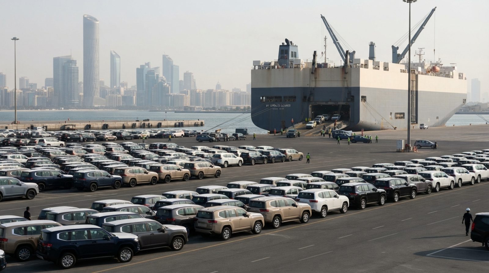 Illustration: A modern commercial vehicle shipping terminal at a deep-water seaport with rows of new premium SUVs parked near a roll-on roll-off cargo