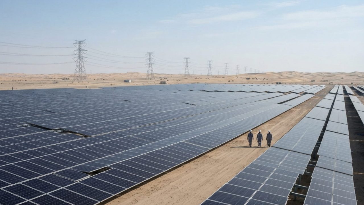 Illustration: An expansive modern solar farm featuring sleek photovoltaic panels under bright sunlight in the UAE desert, with high-voltage electricit