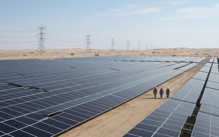 Illustration: An expansive modern solar farm featuring sleek photovoltaic panels under bright sunlight in the UAE desert, with high-voltage electricit