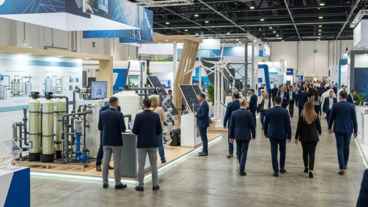 Illustration: A modern trade exhibition floor inside the Dubai World Trade Centre with industrial water technology displays and clean energy demonstra