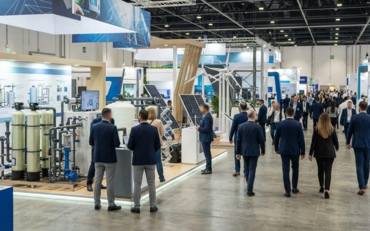 Illustration: A modern trade exhibition floor inside the Dubai World Trade Centre with industrial water technology displays and clean energy demonstra